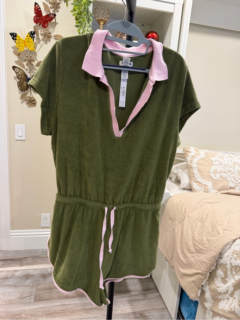 PINK Victoria's Secret Olive Green Romper with Pink Trim
